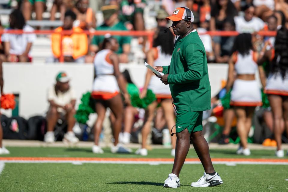 Florida A&M head coach James Colzie leads the Rattlers during the FAMU Spring Game on Saturday, April 13, 2024.