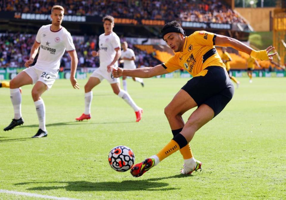 Raúl Jiménez of Wolverhampton Wanderers attempts a rabona during their 2-0 defeat at home to Brentford