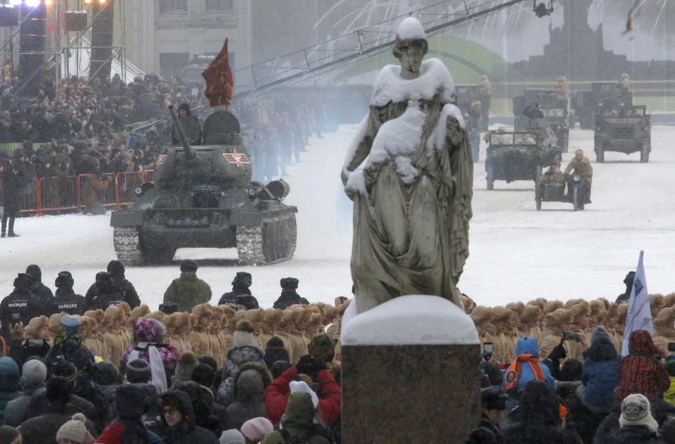 A Soviet World War II T-34 tank drives during a military parade at Dvortsovaya (Palace) Square during the celebration of the 75th anniversary of the end of the Siege of Leningrad during World War II in St.Petersburg, Russia, Sunday, Jan. 27, 2019. The Nazi German and Finnish siege and blockade of Leningrad, now known as St. Petersburg, was broken on Jan. 18, 1943 but finally lifted Jan. 27, 1944. More than 1 million people died mainly from starvation during the 900-day siege. (AP Photo/Dmitri Lovetsky)