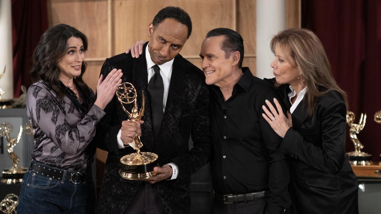  Rena Sofer, Stephen A. Smith, Maurice Benard and Nancy Lee Grahn smiling together in a photo for General Hospital: 60 Years of Stars and Storytelling. 