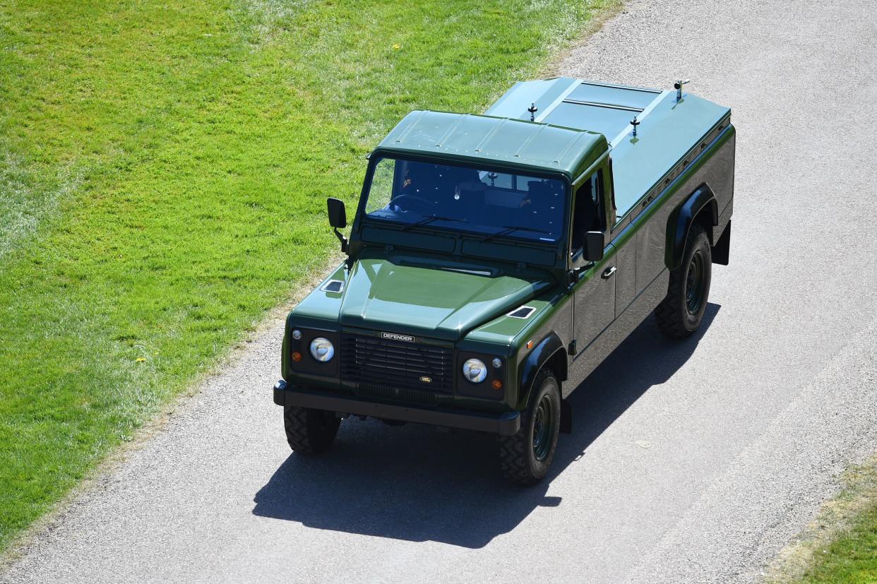 The purpose built Land Rover Prince Philip, Duke of Edinburgh's coffin will be carried in at Windsor Castle on April 17, 2021 in Windsor, England.