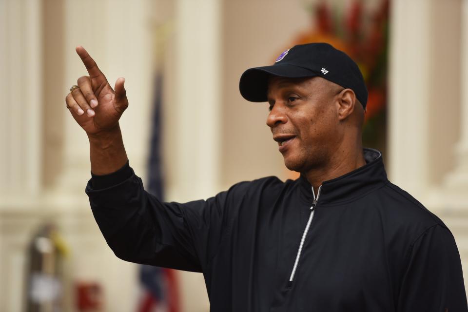 Darryl Strawberry gives a talk about the problems that young kids face today especially drugs, photographed at Fort Lee High School Auditorium in Fort Lee on 10/15/18. 