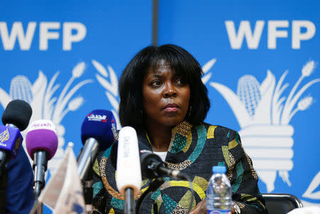 Ertharin Cousin, Executive Director of the United Nations World Food Programme, speaks during a news conference discussing the latest challenges the agency is facing in Yemen, in ?Amman, Jordan, March 13, 2017. REUTERS/Muhammad Hamed