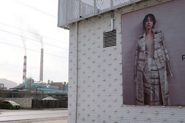 An advertisement outside the factory store for Gobi, Mongolia's best-known luxury fashion brand, which sells cashmere goods, in an industrial part of southern Ulaanbaatar, the nation's capital.