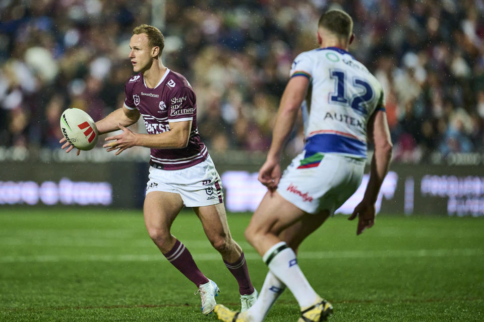 SYDNEY, AUSTRALIA - AUGUST 16: Daly Cherry-Evans of the Sea Eagles passes the ball during the round 24 NRL match between Manly Sea Eagles and New Zealand Warriors at 4 Pines Park, on August 16, 2024, in Sydney, Australia. (Photo by Brett Hemmings/Getty Images)