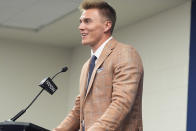 Quarterback Bo Nix, chosen by the Denver Broncos in the first round of the NFL football draft, responds to questions during a news conference Friday, April 26, 2024, in Centennial, Colo. (AP Photo/David Zalubowski)