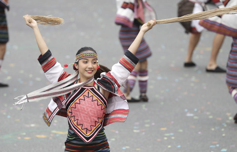 Dancers perform during the National Day celebrations in Taipei, Taiwan, Saturday, Oct. 10, 2020. (AP Photo/Chiang Ying-ying)