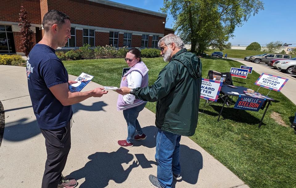 Mike O'Brien, a Democratic candidate for the PA 10th Congressional District, visits a polling place in Manchester Township April 23, 2024.