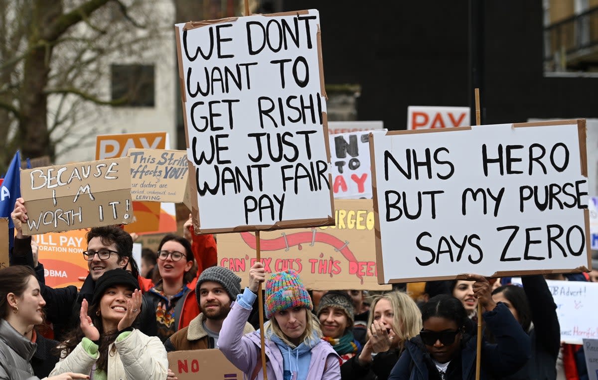 Junior doctors rally outside Downing Street in London in March (EPA)