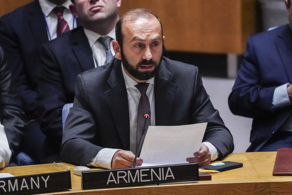 Armenia's Foreign Minister Ararat Mirzoyan speaks during a United Nations Security Council meeting on the conflict between Armenia and Azerbaijan, Thursday Sept. 21, 2023 at U.N. headquarters. (AP Photo/Bebeto Matthews)