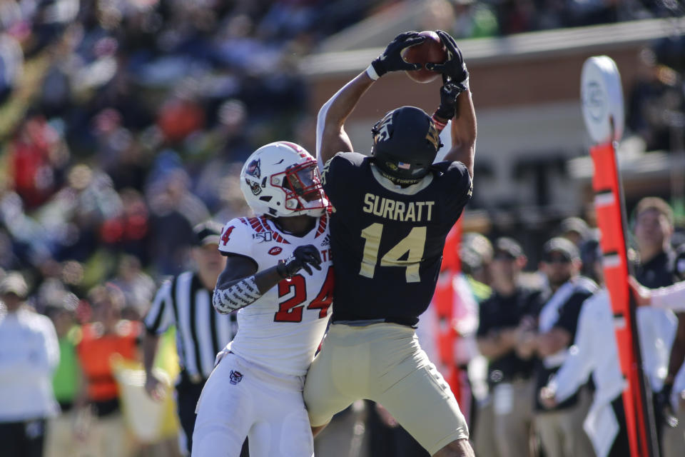 Wake Forest wide receiver Sage Surratt excels at contested catches. (AP Photo/Nell Redmond)