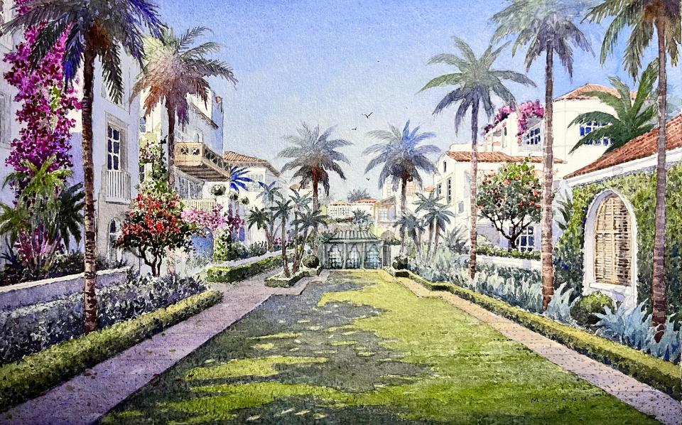 A concept rendering shows what an interior courtyard might look like as part of a plan to redevelop the Wells Fargo Bank site on South County Road at Royal Palm Way in Palm Beach.