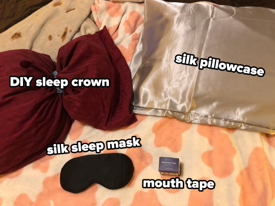 I searched for everything on Amazon and just selected the cheapest option for each — no product was more than $10! For a DIY sleep crown, I took one of my floppiest pillows and forced it into a bowtie shape with a scrunchie so my nose and mouth would be uncovered. Was it aesthetically pleasing? Absolutely not. Was it crafty? Hell yeah, it was.