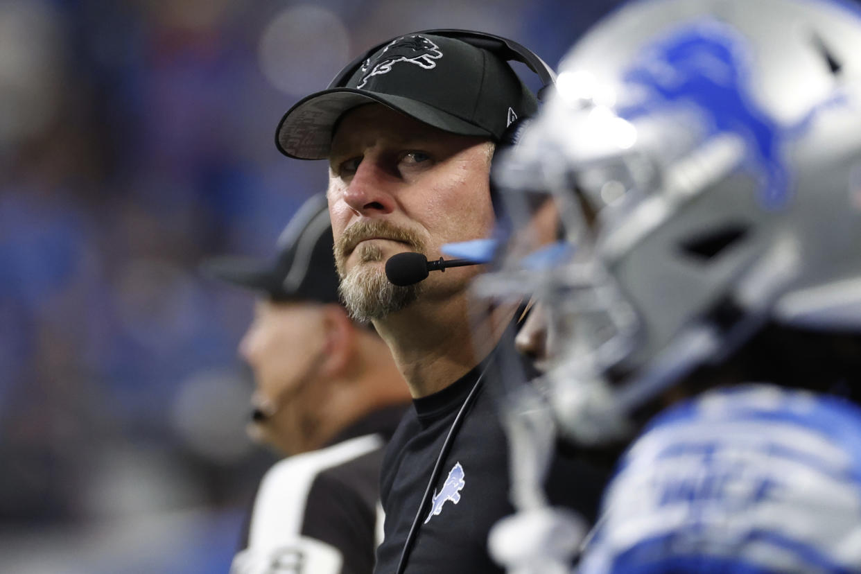 Dan Campbell is just the second coach to lead the Detroit Lions to an NFC championship game. (AP Photo/Rick Osentoski)