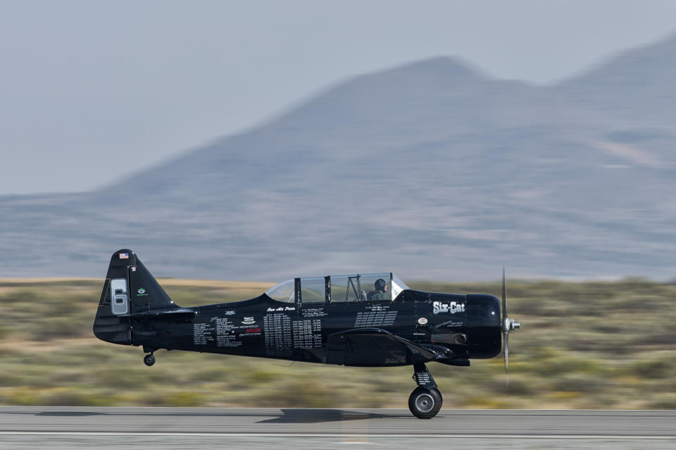 In this undated photo provided by the Reno Air Racing Association, one of the two planes involved in a fatal crash on Sept. 17, 2023, in Reno, Nev., is shown. Two California pilots were killed when their planes collided in mid-air after completing a race and preparing to land over the weekend at the National Championship Air Races north of Reno. (Reno Air Racing Association via AP)