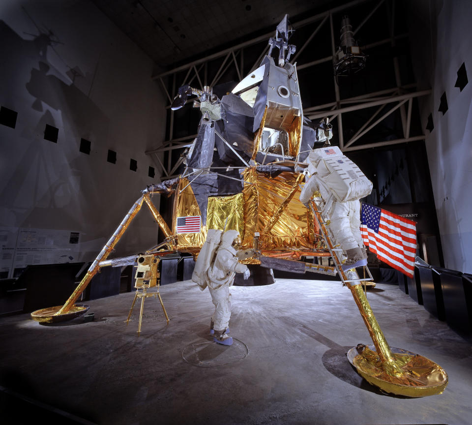 This undated handout photo provided by the National Air and Space Museum, Smithsonian Institution shows the Apollo Lunar Module number 2, currently on display in the Lunar Exploration Vehicles gallery in the National Air and Space Museum in Washington. Some of the most iconic artifacts of aviation and space history are getting an updated display for the 21st century, with the Apollo moon landing as the centerpiece. For the first time since its 1976 opening, the Smithsonian's National Air and Space Museum plans to overhaul its central exhibition showing the milestones of flight. The extensive renovation announced Thursday will be carried out over the next two years with portions of the exhibit closing temporarily over time, said Museum Director J.R. "Jack" Dailey. (AP Photo/Eric Long, National Air and Space Museum, Smithsonian Institution)