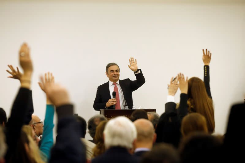 Former Nissan chairman Carlos Ghosn answers questions during a news conference at the Lebanese Press Syndicate in Beirut