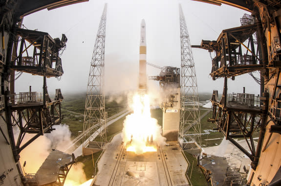 The U.S. Air Force's GPS IIF-9 satellite launches from Florida's Cape Canaveral Air Force Station atop a United Launch Alliance Delta IV rocket on March 25, 2015.