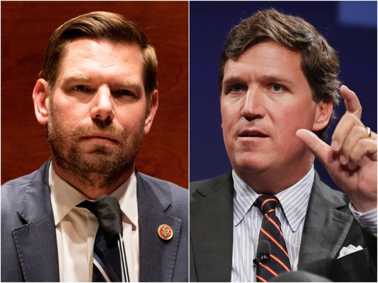 Rep Eric Swalwell tweeted out what appeared to be a text conversation with Fox News host Tucker Carlson, in which he called the Californian a “coward”.  (Getty Images)