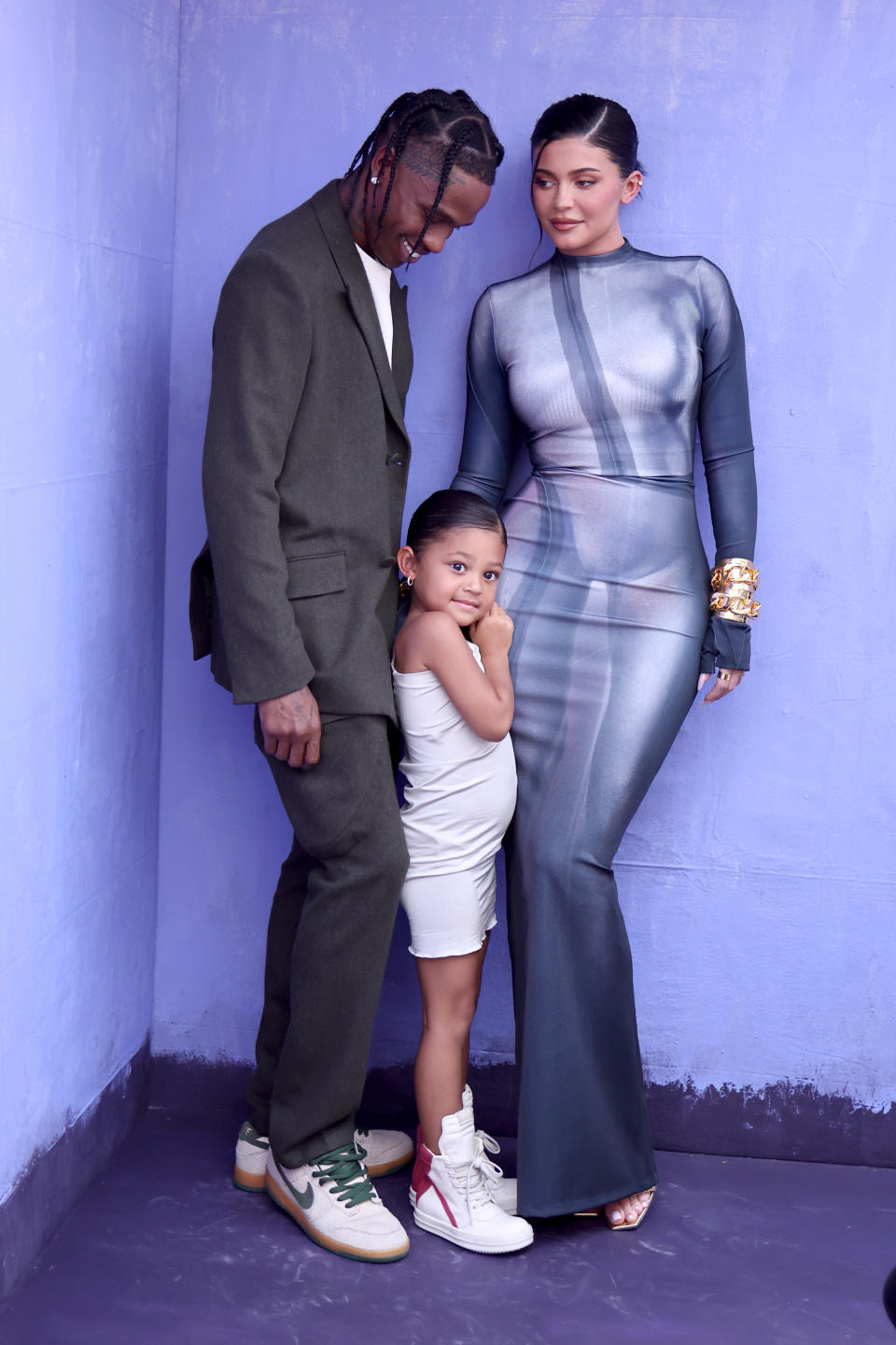 LAS VEGAS, NEVADA - MAY 15: (L-R) Travis Scott, Stormi Webster, and Kylie Jenner attend the 2022 Billboard Music Awards at MGM Grand Garden Arena on May 15, 2022 in Las Vegas, Nevada. (Photo by Matt Winkelmeyer/Getty Images for MRC)