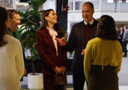 Britain's Prince William and Kate, Princess of Wales speak with startup companies that work at Greentown Labs as they tour the location for a view of green technologies developed in Somerville, Mass. Thursday, Dec. 1 2022. The Prince and Princess of Wales will attend the Earthshot Prize Awards Ceremony in Boston on Friday, according to the Royal Household. (CJ Gunter Pool Photo via AP)