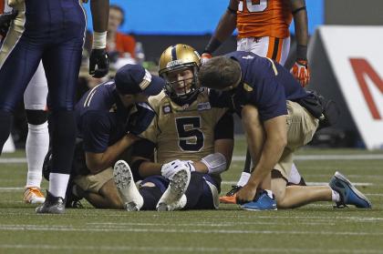 <span style=line-height: 19.2000007629395px;>Bombers' QB Drew Willy wound up on the ground a lot last season. The team will be hoping their free-agency spending on offensive linemen helps protect him this year.&nbsp;</span>&nbsp;(Ben Nelms/Reuters.)