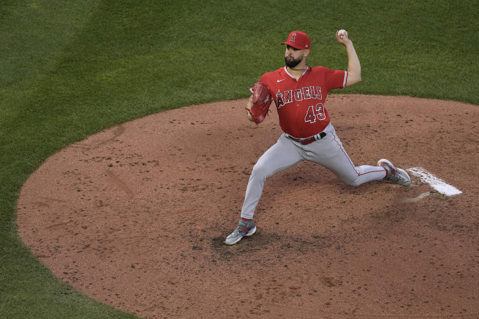 Los Angeles Angels starting pitcher Patrick Sandoval throws during the fourth inning of a baseball game against the Kansas City Royals Friday, June 16, 2023, in Kansas City, Mo. (AP Photo/Charlie Riedel)