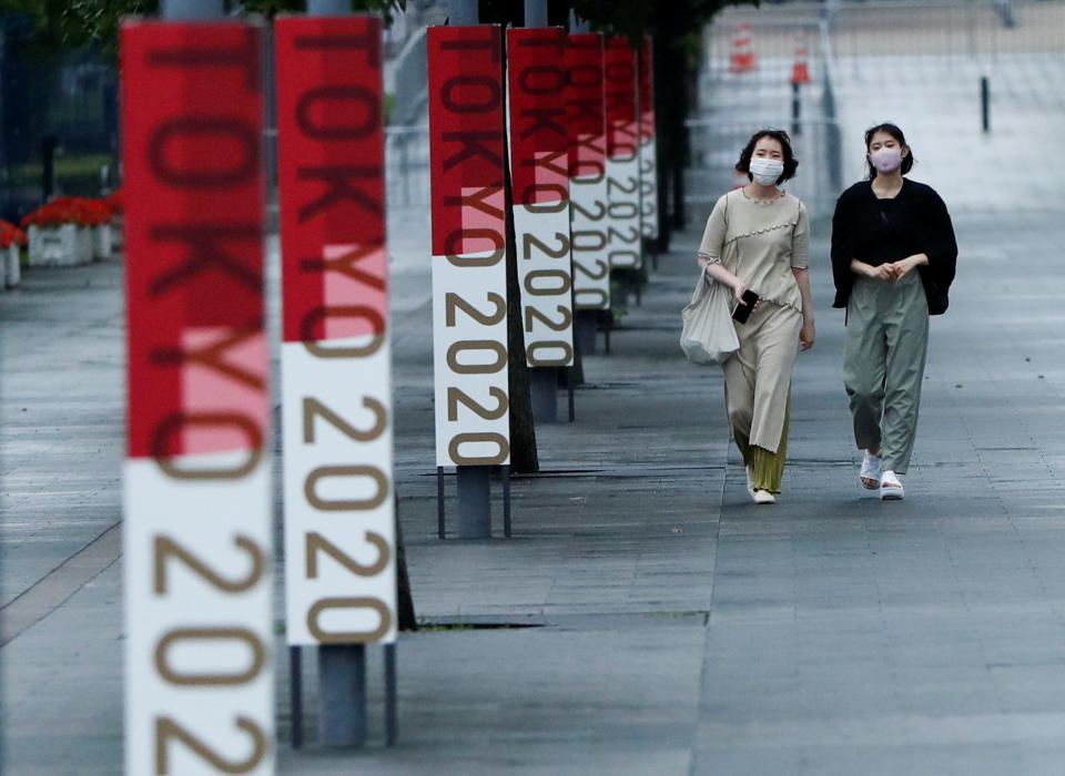 Advertisings for Tokyo 2020 Olympic Games are displayed at the Olympic Promenade in the Centre Promenade Park which links the Aomi and Odaiba areas with the Ariake area in Tokyo, Japan July 8, 2021.  REUTERS/Issei Kato