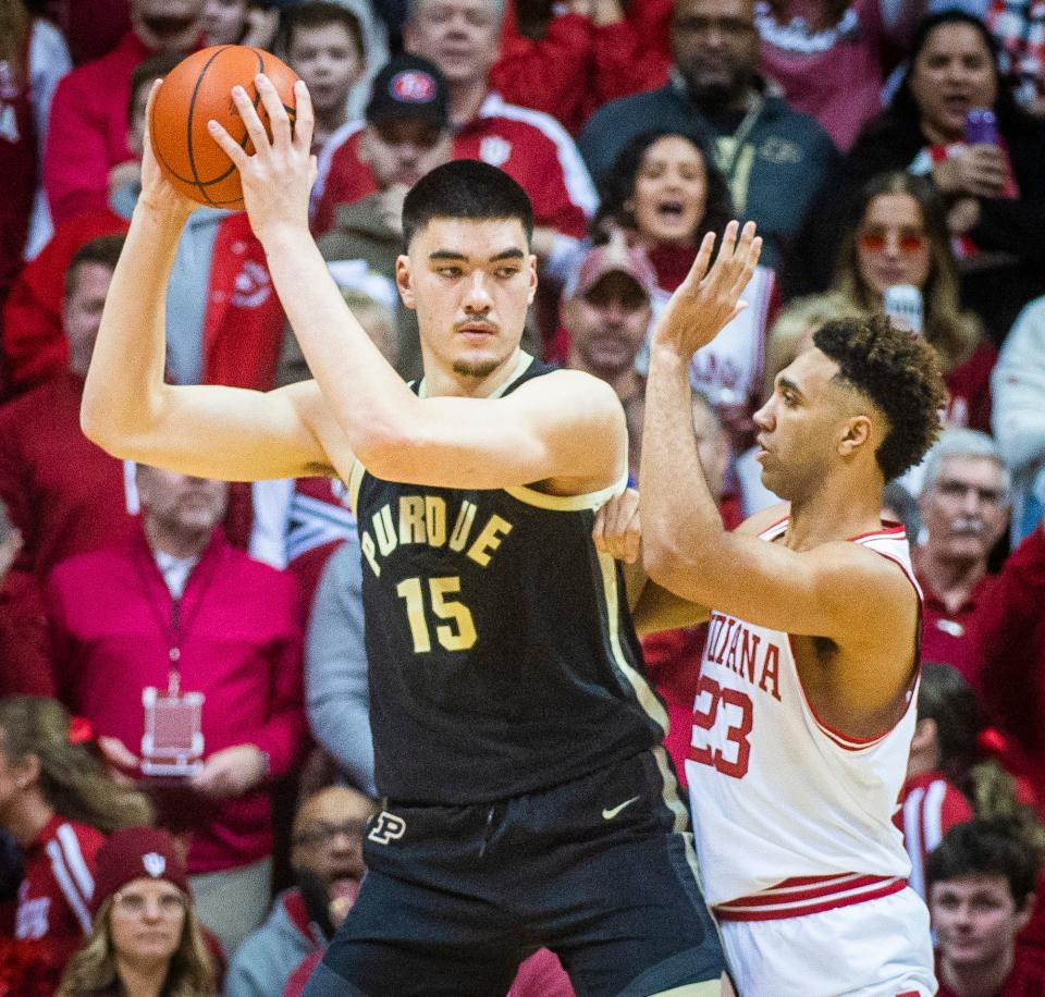 Purdue's Zach Edey (15) works against Indiana's Trayce Jackson-Davis (23) during the first half of the Indiana versus Purdue men's basketball game at Simon Skjodt Assembly Hall on Saturday, Feb. 4, 2023.