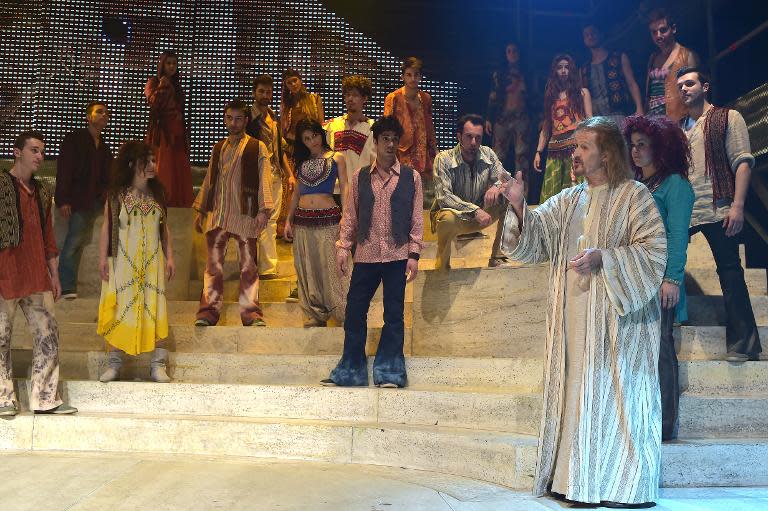 American actor Ted Neeley (R) takes part in a rehearsal of the show "Jesus Christ Superstar" on April 11, 2014 in Rome