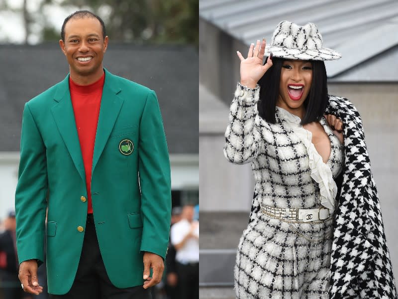 Tiger Woods, left, and Cardi B, right. (Photos: Getty Images)