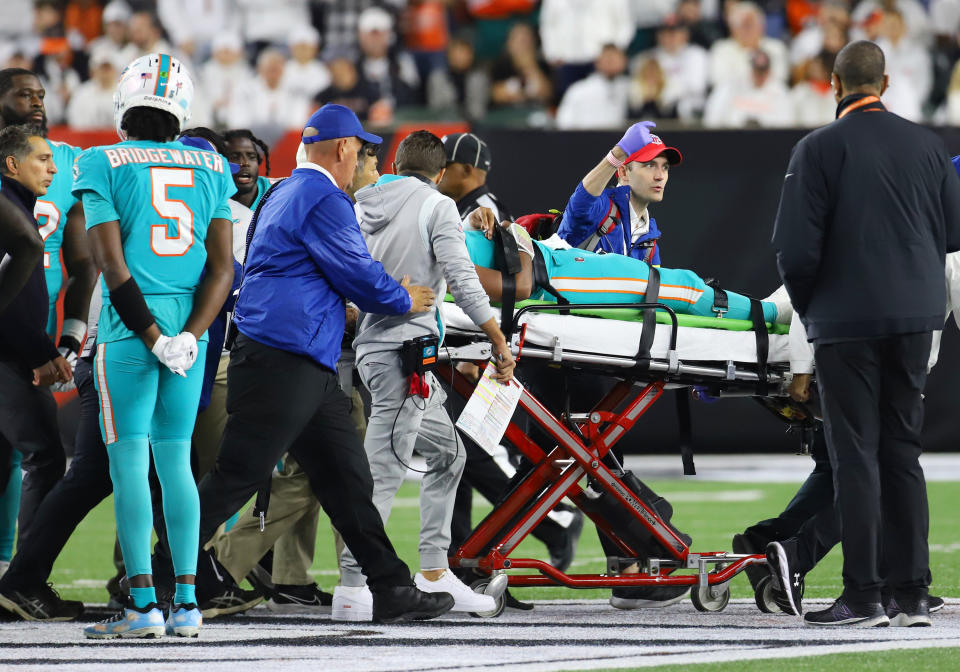 Tua Tagovailoa was carted off the field Thursday night with a head injury. (Photo by Jeff Moreland/Icon Sportswire via Getty Images)