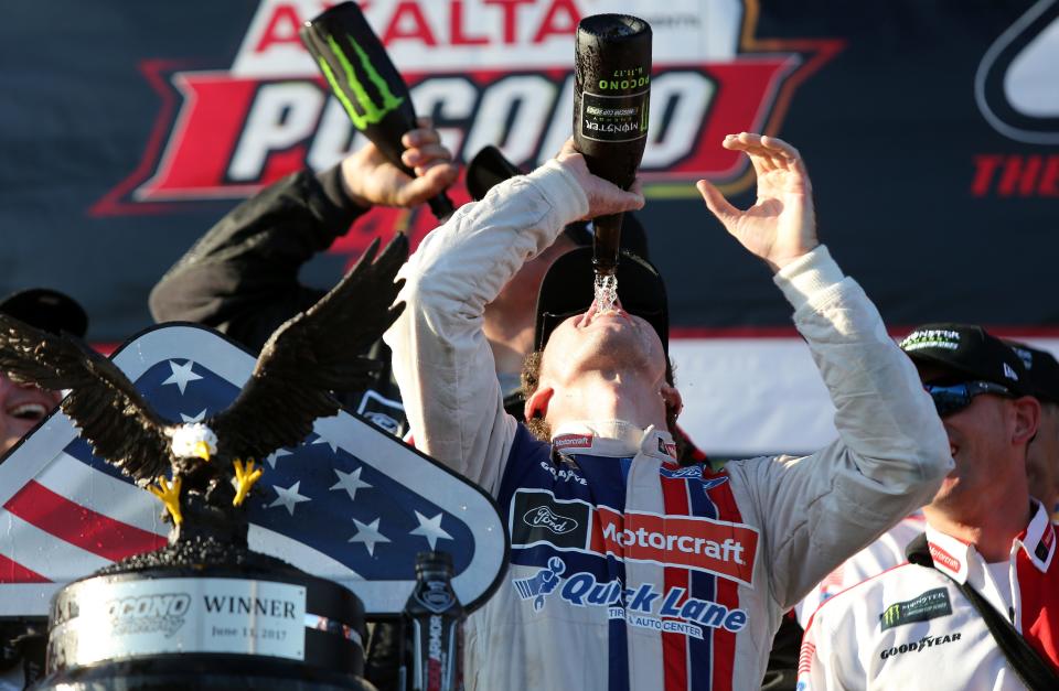 Ryan Blaney celebrates at Pocono Raceway in 2017.