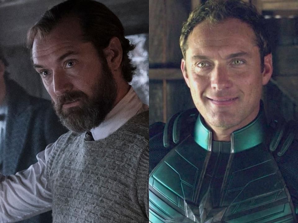 On the left: Jude Law as Albus Dumbledore in "Fantastic Beasts: The Secrets of Dumbledore." On the right: Law as Yon-Rogg in "Captain Marvel."
