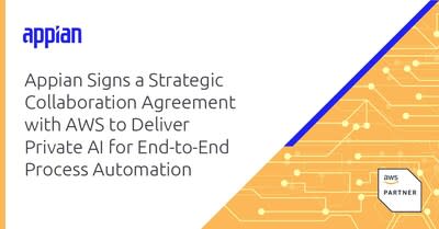 Appian announces that it has signed a Strategic Collaboration Agreement (SCA) with Amazon Web Services (AWS) to make generative artificial intelligence (AI) more accessible to enterprise business processes.