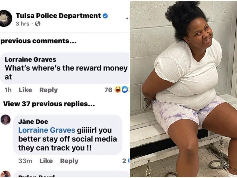 Lorraine Graves' comments on the Tulsa Police Department Facebook page next to a photo of Graves handcuffed