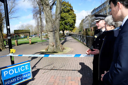 Britain's Prime Minister Theresa May visits the city where former Russian intelligence officer Sergei Skripal and his daughter Yulia were poisoned with a nerve agent, in Salisbury, Britain March 15, 2018. REUTERS/Toby Melville/Pool