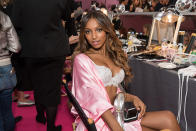 <p>Jasmine Tookes didn’t put on the crystal Fantasy Bra until moments before hitting the runway. <em>(Photo: Getty Images)</em> </p>