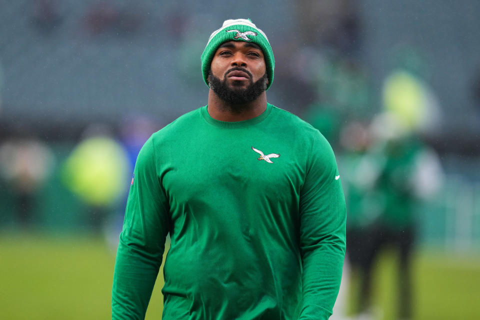 PHILADELPHIA, PENNSYLVANIA – NOVEMBER 26: Brandon Graham #55 of the Philadelphia Eagles looks on prior to a game against the Buffalo Bills at Lincoln Financial Field on November 26, 2023 in Philadelphia, Pennsylvania. (Photo by Mitchell Leff/Getty Images)