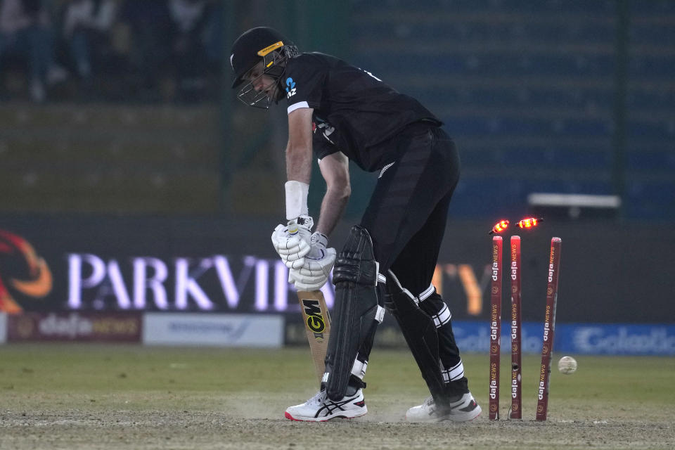 New Zealand's Henry Shipley is bowled out by Pakistan's Naseem Shah during the first one-day international cricket match between Pakistan and New Zealand, in Karachi, Pakistan, Monday, Jan. 9, 2023. (AP Photo/Fareed Khan)