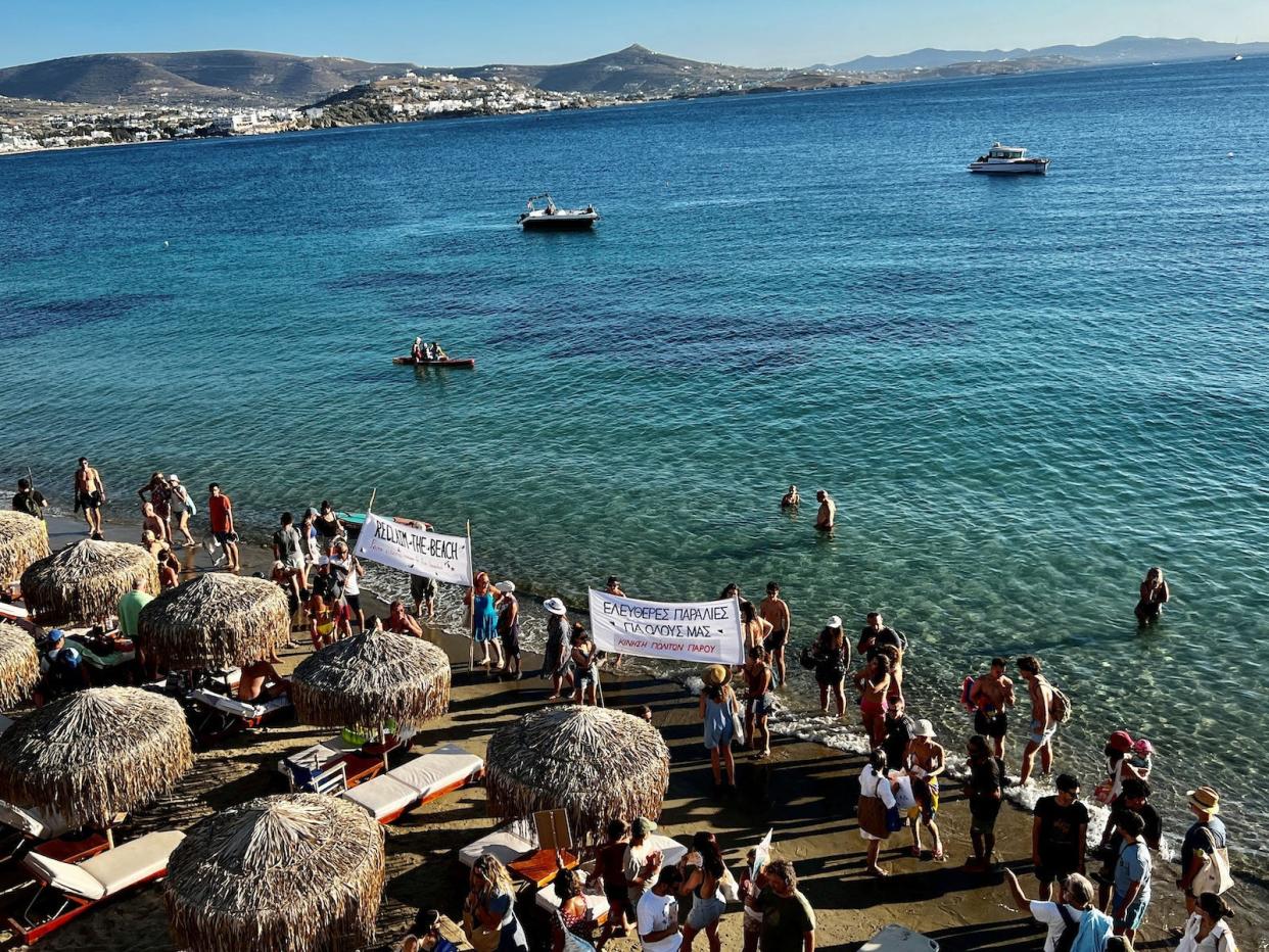 Protesters stage demonstration for free access to beaches on Marcello and Krios beaches, in Paros island, Greece, July 30, 2023.