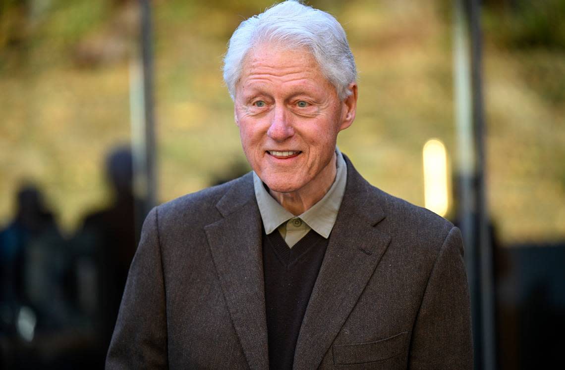 Former President Bill Clinton talks while touring exhibits in the National Purple Heart hall of honor at the National Purple Heart Museum in New Windsor, N.Y. Wednesday, Nov. 2, 2022 (AP Photo/Hans Pennink)