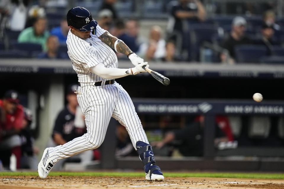 New York Yankees' Everson Pereira follows hits a grounder that scored a run against the Washington Nationals during the second inning of a baseball game Wednesday, Aug. 23, 2023, in New York. (AP Photo/Frank Franklin II)