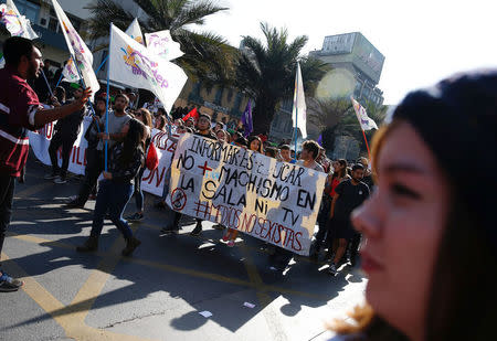 Demonstrators with a placard that reads "To inform is to educate, no more sexism in the room and TV", take part in a protest demanding an end to profiteering in the education system in Santiago, Chile April 19, 2018. REUTERS/Rodrigo Garrido