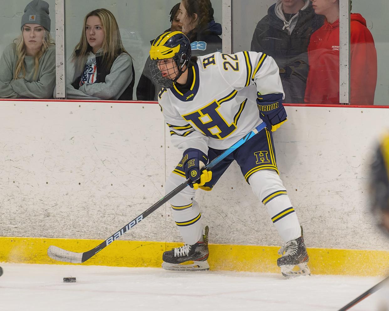 Hartland's Jacob Lewis had one goal and one assist in a 4-3 shootout loss to Cleveland St. Ignatius during the MIHL Showcase in Trenton.