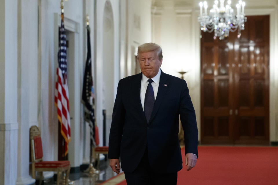 President Donald Trump arrives to speak about the PREVENTS "President's Roadmap to Empower Veterans and End a National Tragedy of Suicide," task force, in the East Room of the White House, Wednesday, June 17, 2020, in Washington. (AP Photo/Alex Brandon)