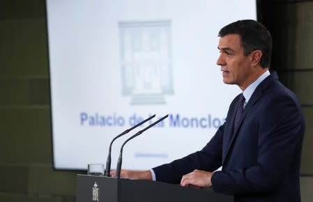 Spain's acting Prime Minister Pedro Sanchez delivers a statement after Spain's Supreme Court announcement on the verdict in the high stakes trial of Catalan separatist leaders over a banned independence referendum at Moncloa Palace in Madrid