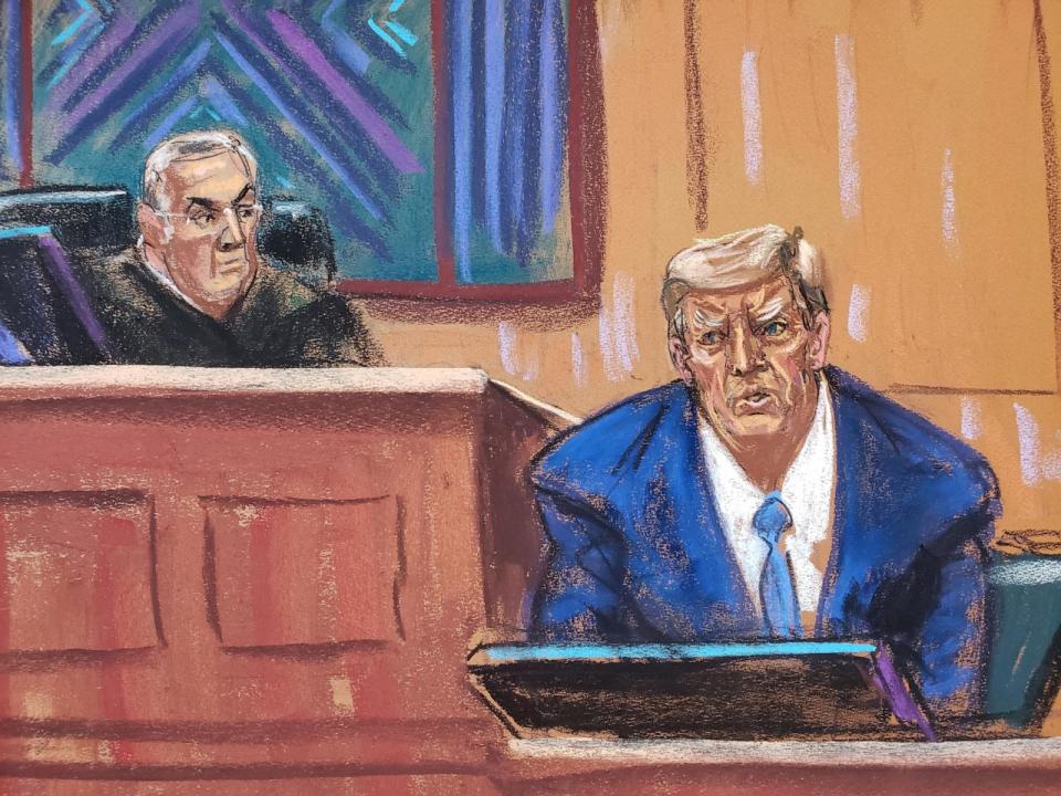 PHOTO: Former President Donald Trump testifies as he takes the stand watched by U.S. District Judge Lewis Kaplan during a civil trial at Manhattan Federal Court in New York City, Jan. 25, 2024, in this courtroom sketch.  (Jane Rosenberg/Reuters)