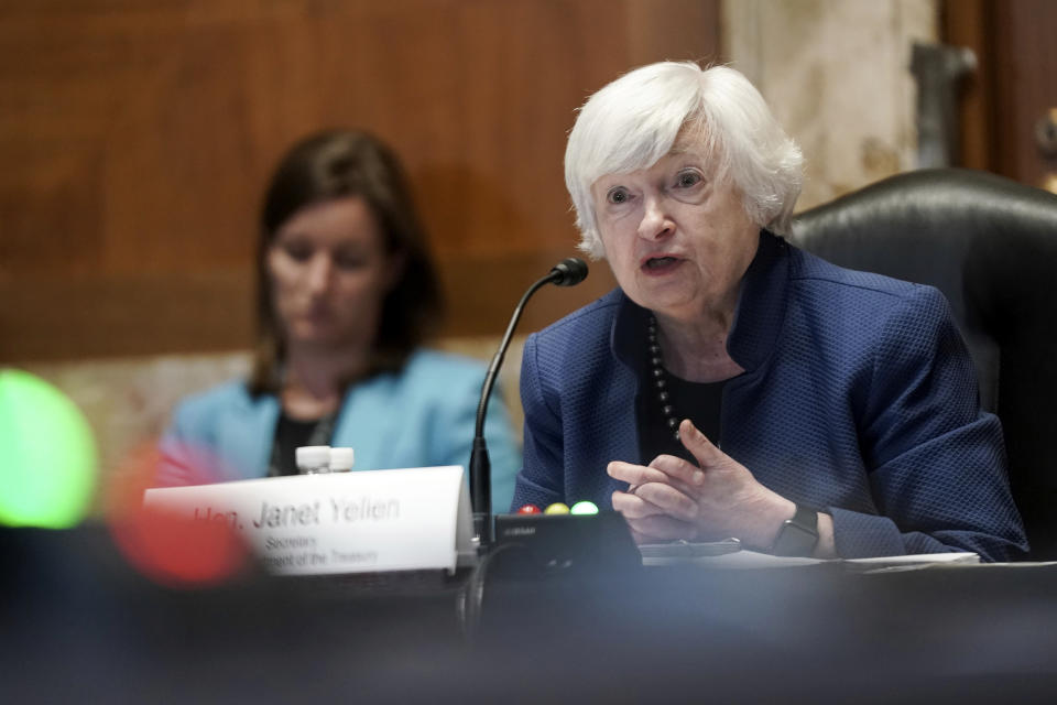 Treasury Secretary Janet Yellen speaks during a Senate Appropriations Subcommittee hearing to examine the FY 2022 budget request for the Treasury Department, Wednesday, June 23, 2021, on Capitol Hill in Washington. (Greg Nash/Pool via AP)