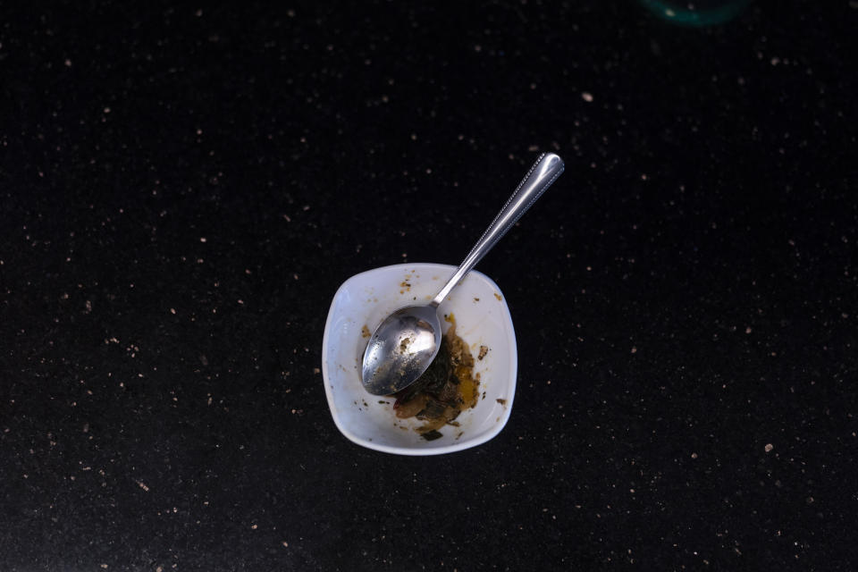 A small bowl John Simon uses to control his calorie intake sits on a kitchen countertop in his apartment in Los Angeles, Monday, March 13, 2023. The 14-year-old, who used to weigh 430 pounds, had a bariatric surgery in 2022. (AP Photo/Jae C. Hong)